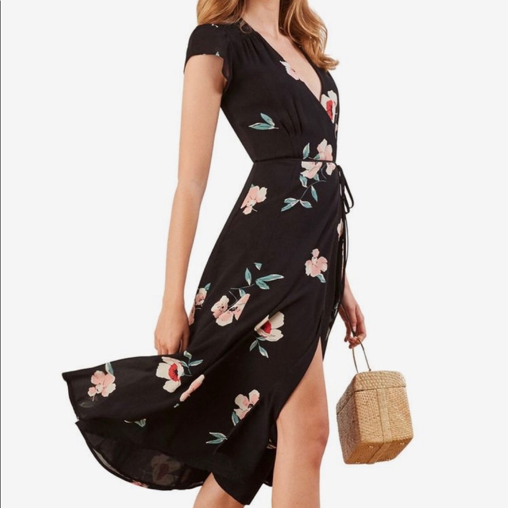 Black floral wrap dress from Reformation